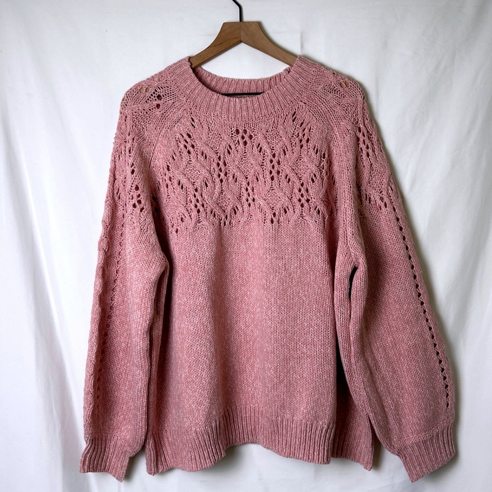 Ellos Womens Plus Pointelle Crewneck Pullover Sweater Size 1X Pink Grandmacore